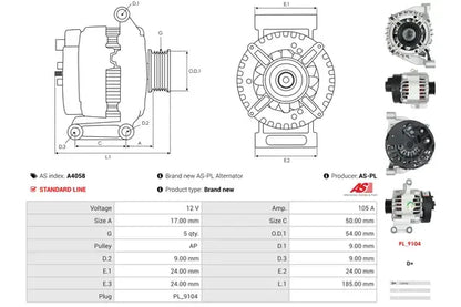 Generator alternator, Abarth, Alfa Romeo, Citroen, Fiat, Ford, Lancia, Opel, Renault, 265x189x182 mm, AS-PL A4058