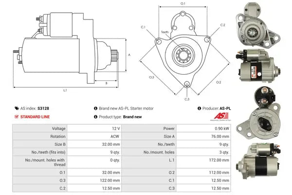 Starter, Audi, Ford, Jensen, Lamborghini, SEAT, Skoda, 276x164x132 mm, AS-PL S3128