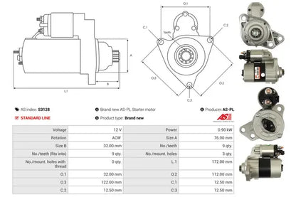 Starter, Audi, Ford, Jensen, Lamborghini, SEAT, Skoda, 276x164x132 mm, AS-PL S3128