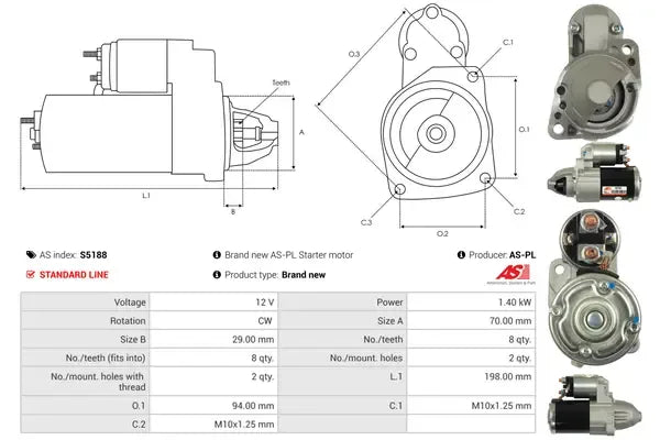 Starter, Chrysler, Citroen, Dodge, Jeep, Mitsubishi, Peugeot, Volvo, 280x164x132 mm, AS-PL S5188