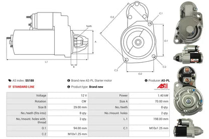 Starter, Chrysler, Citroen, Dodge, Jeep, Mitsubishi, Peugeot, Volvo, 280x164x132 mm, AS-PL S5188