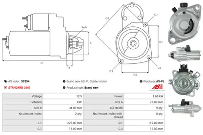 Starter, Acura, Honda, 285x139x168 mm, AS-PL S9254