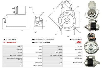 Starter, Citroen, Fiat, Peugeot, 281x168x134 mm, AS-PL S3079