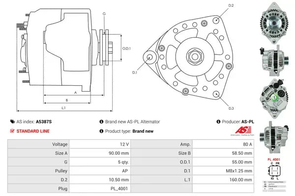 Generator alternator, Nissan, Opel, Suzuki, 262x192x186 mm, AS-PL A5387S