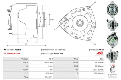 Generator alternator, Nissan, Opel, Suzuki, 262x192x186 mm, AS-PL A5387S