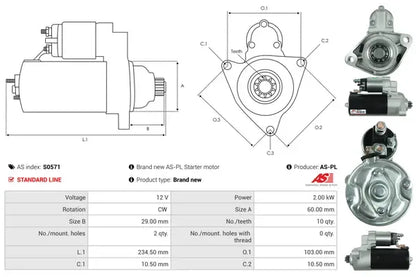 Starter, Porsche, 284x164x137 mm, AS-PL S0571
