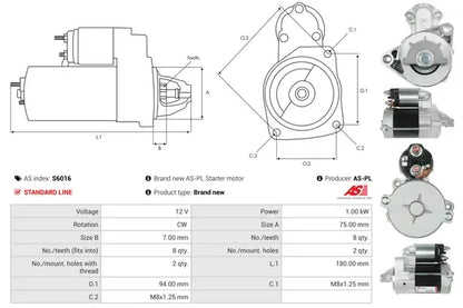 Starter, Chevrolet, Daewoo, Suzuki, 285x172x142 mm, AS-PL S6016