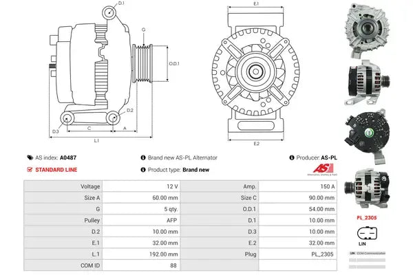 Generator alternator, Volvo, 318x234x190 mm, AS-PL A0487