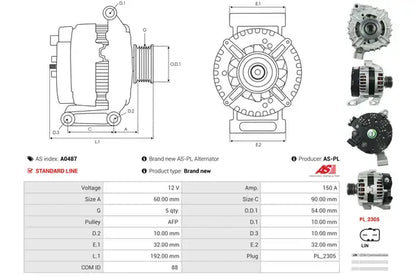 Generator alternator, Volvo, 318x234x190 mm, AS-PL A0487