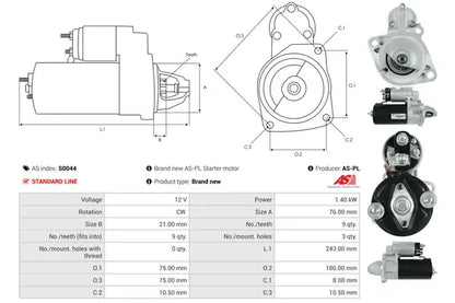 Starter, BMW, Ford, Porsche, 285x171x136 mm, AS-PL S0044