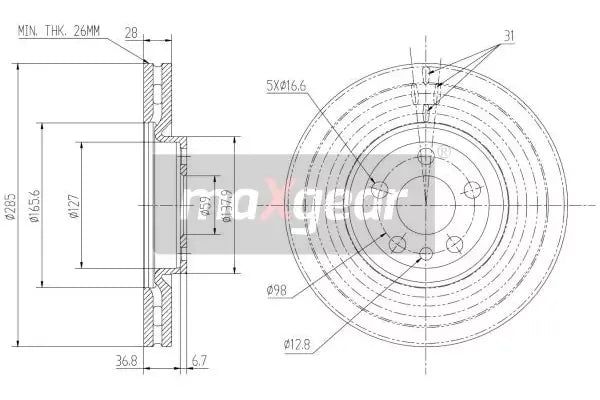 Disc frana, Citroen, Fiat, Lancia, Peugeot, Ø285 mm, Maxgear 191291