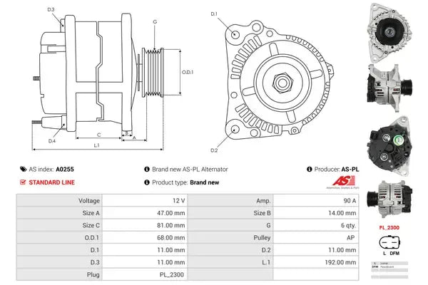 Generator alternator, Iveco, Renault, Renault Trucks, 265x192x190 mm, AS-PL A0255