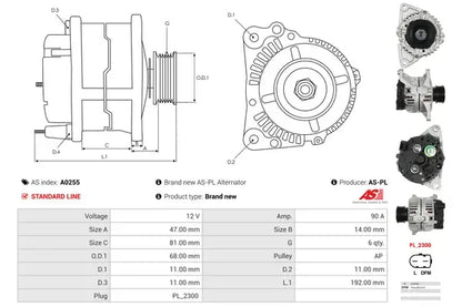 Generator alternator, Iveco, Renault, Renault Trucks, 265x192x190 mm, AS-PL A0255