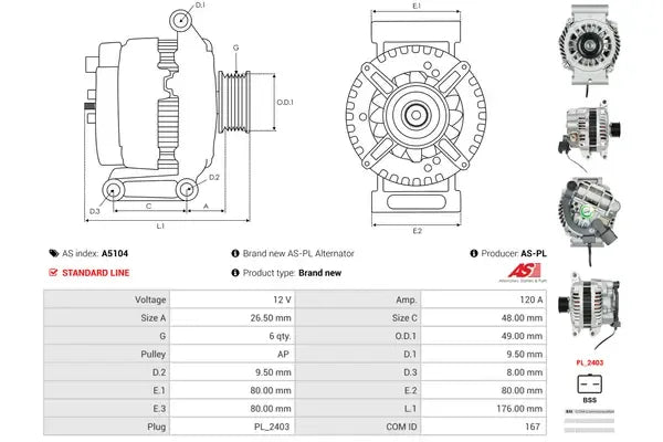 Generator alternator, Citroen, Mini, Nissan, Peugeot, 266x201x184 mm, AS-PL A5104