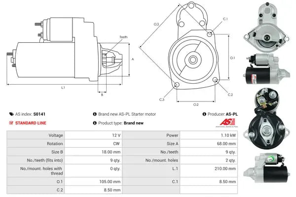 Starter, Chevrolet, Daewoo, Fiat, Opel, Saab, 275x164x132 mm, AS-PL S0141