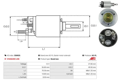 Solenoid electromotor, BMW, Ford, Porsche, 184x75x62 mm, AS-PL SS0025