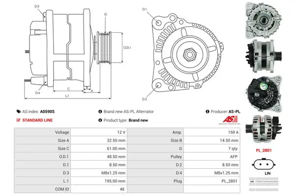 Generator alternator, Dacia, Lada, Nissan, Opel, Renault, Smart, 265x190x188 mm, AS-PL A0590S