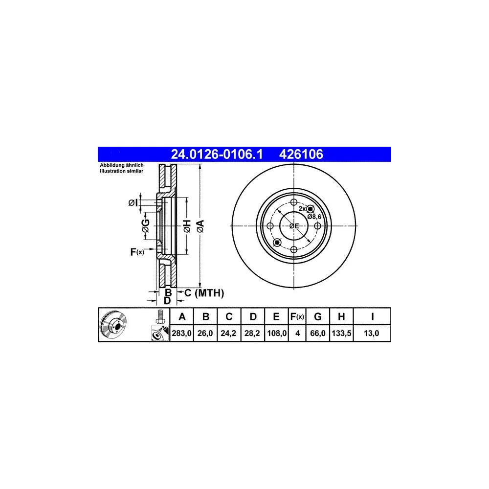 Discuri Frana ATE pentru Citroen Xantia, Peugeot 406/406 Cupe - 24.0126-0106.1