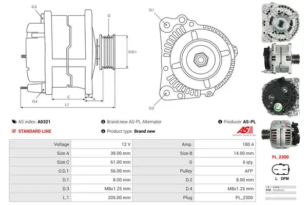 Generator alternator, Audi, Dodge, Ford, SEAT, Skoda, 269x191x186 mm, AS-PL A0321
