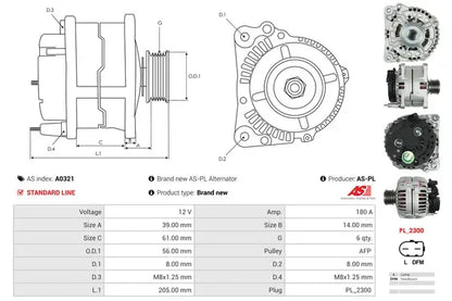 Generator alternator, Audi, Dodge, Ford, SEAT, Skoda, 269x191x186 mm, AS-PL A0321