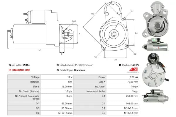 Starter, Ford, Land Rover, Mazda, 293x176x134 mm, AS-PL S9014