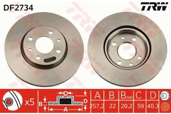 Disc frana, Fiat, Lancia, Alfa Romeo, Peugeot, Citroen Panda, Doblo Microbus, Ypsilon, Mito, Doblo Autoutilitara, Ø257 mm, TRW DF2734