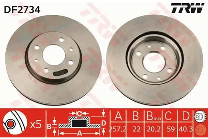 Disc frana, Fiat, Lancia, Alfa Romeo, Peugeot, Citroen Panda, Doblo Microbus, Ypsilon, Mito, Doblo Autoutilitara, Ø257 mm, TRW DF2734