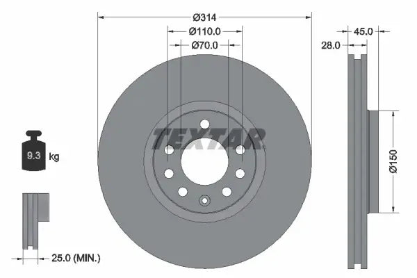 Disc frana, Saab, Opel, Cadillac 9-3, 9-3 Combi, 9-3 Cabriolet, Vectra C, Signum Hatchback, Vectra C Combi, Vectra C Gts, Ø314 mm, Textar 92118803
