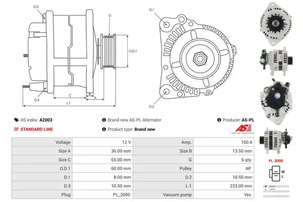Generator alternator, Chevrolet, Honda, Opel, 267x192x187 mm, AS-PL A2003