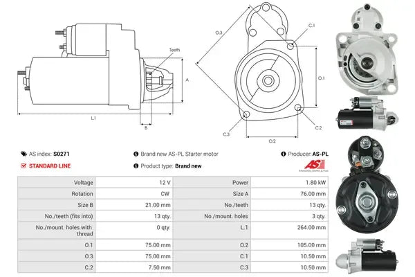 Starter, BMW, 290x164x132 mm, AS-PL S0271