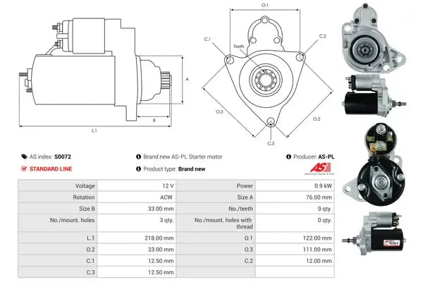 Starter, Aro, Austin, Fiat, Lancia, Rover, SEAT, Skoda, 278x176x134 mm, AS-PL S0072