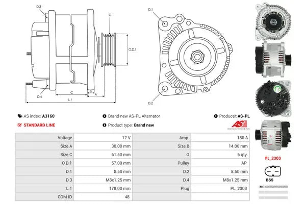 Generator alternator, Audi, 263x193x182 mm, AS-PL A3160