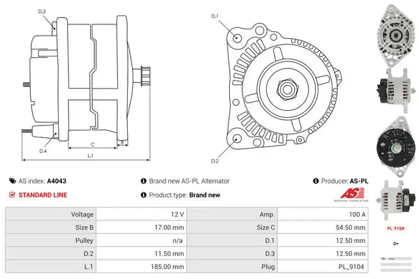 Generator alternator, Alfa Romeo, Fiat, Lancia, 267x188x184 mm, AS-PL A4043