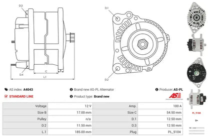 Generator alternator, Alfa Romeo, Fiat, Lancia, 267x188x184 mm, AS-PL A4043