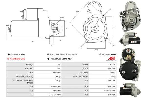 Starter, Fiat, Lancia, 287x171x132 mm, AS-PL S3060