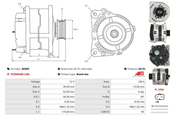 Generator alternator, Audi, 268x190x192 mm, AS-PL A0409