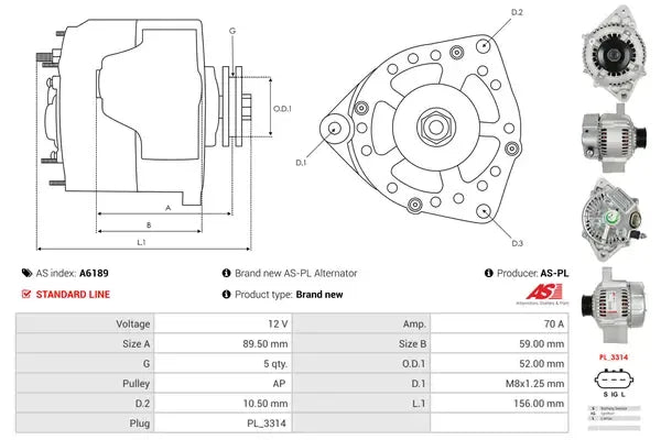 Generator alternator, Toyota, 265x186x186 mm, AS-PL A6189