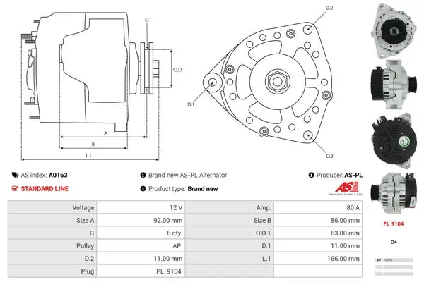 Generator alternator, Citroen, Fiat, Lancia, Peugeot, Suzuki, 265x195x182 mm, AS-PL A0163