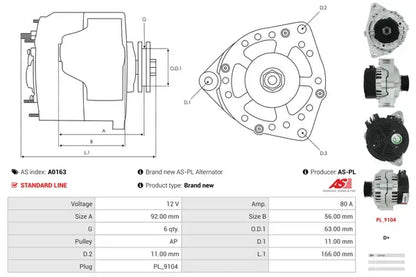 Generator alternator, Citroen, Fiat, Lancia, Peugeot, Suzuki, 265x195x182 mm, AS-PL A0163