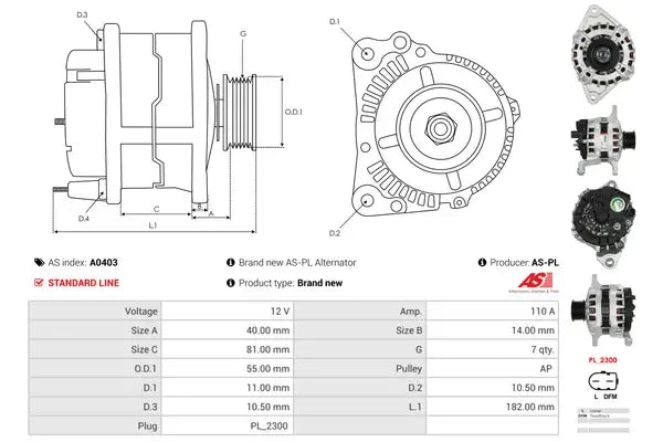 Generator alternator, Fiat, Iveco, UAZ, 264x199x184 mm, AS-PL A0403