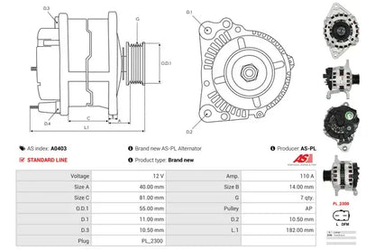 Generator alternator, Fiat, Iveco, UAZ, 264x199x184 mm, AS-PL A0403