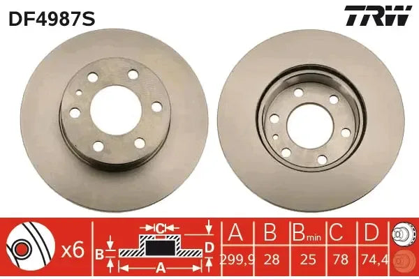 Disc frana, Iveco Daily Iv Platou, Sasiu, Daily Iv Caroserie, Daily Vi Caroserie, Daily Vi Platou, Daily V Caroserie, Ø300 mm, TRW DF4987S