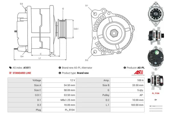 Generator alternator, Opel, 276x206x195 mm, AS-PL A1011