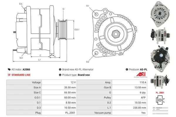 Generator alternator, Austin, Opel, Volvo, 270x195x190 mm, AS-PL A2066
