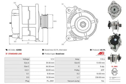 Generator alternator, Austin, Opel, Volvo, 270x195x190 mm, AS-PL A2066