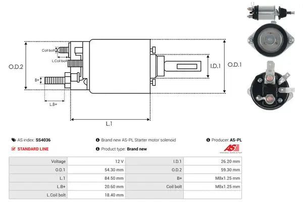 Solenoid electromotor, Fiat, 232x83x80 mm, AS-PL SS4036
