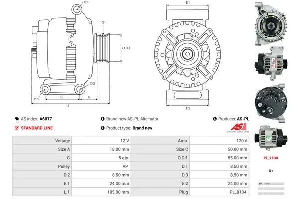 Generator alternator, Abarth, Alfa Romeo, Fiat, Ford, Lancia, 262x186x184 mm, AS-PL A6077