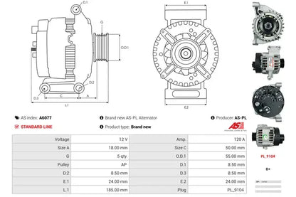 Generator alternator, Abarth, Alfa Romeo, Fiat, Ford, Lancia, 262x186x184 mm, AS-PL A6077