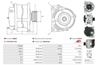 Generator alternator, Citroen, Fiat, Lancia, Peugeot, 262x196x190 mm, AS-PL A3258