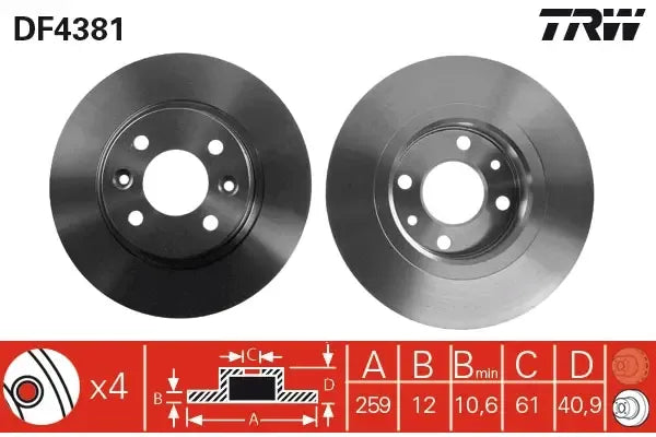 Disc frana, Dacia, Renault, Smart Logan, Sandero, Twingo, Stepway, Logan Express, Fortwo Cupe, Logan Mcv, Thalia, Twingo I Caseta, Ø259 mm, TRW DF4381